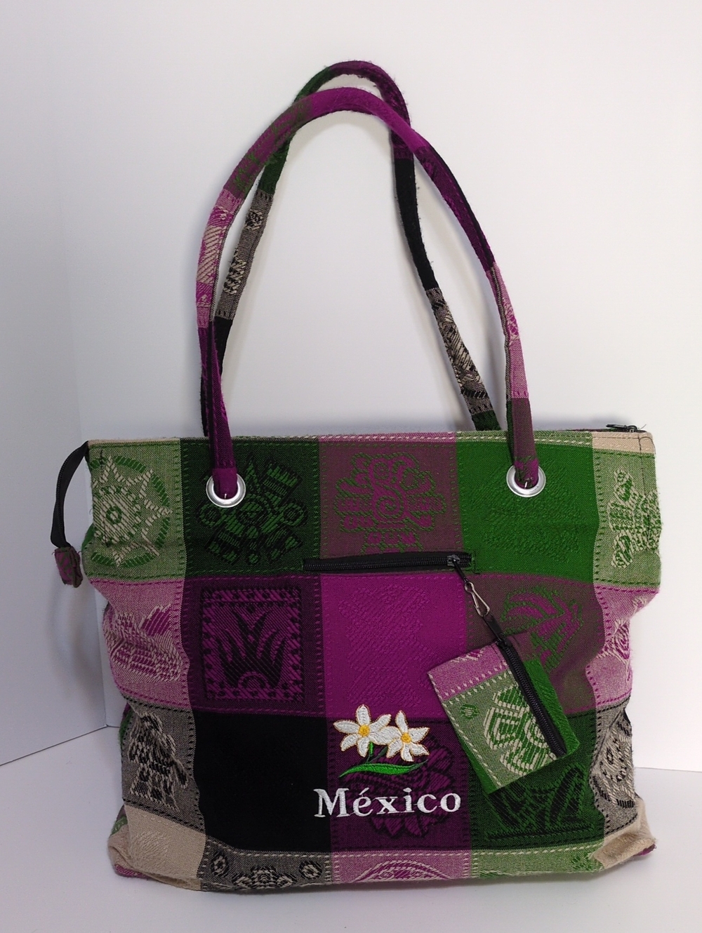 Vintage Mexico Woven Patchwork Tote Shoulder Bag Floral Embroidered Purple Green